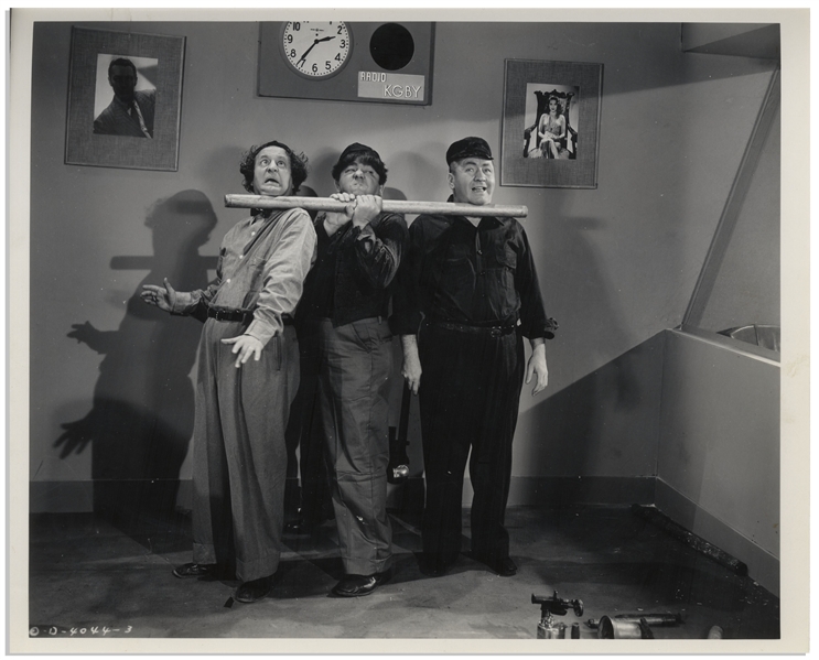 Lot of Five 10 x 8 Glossy Photos From the 1945 Three Stooges Films Booby Dupes & Micro-Phonies -- Very Good Plus Condition
